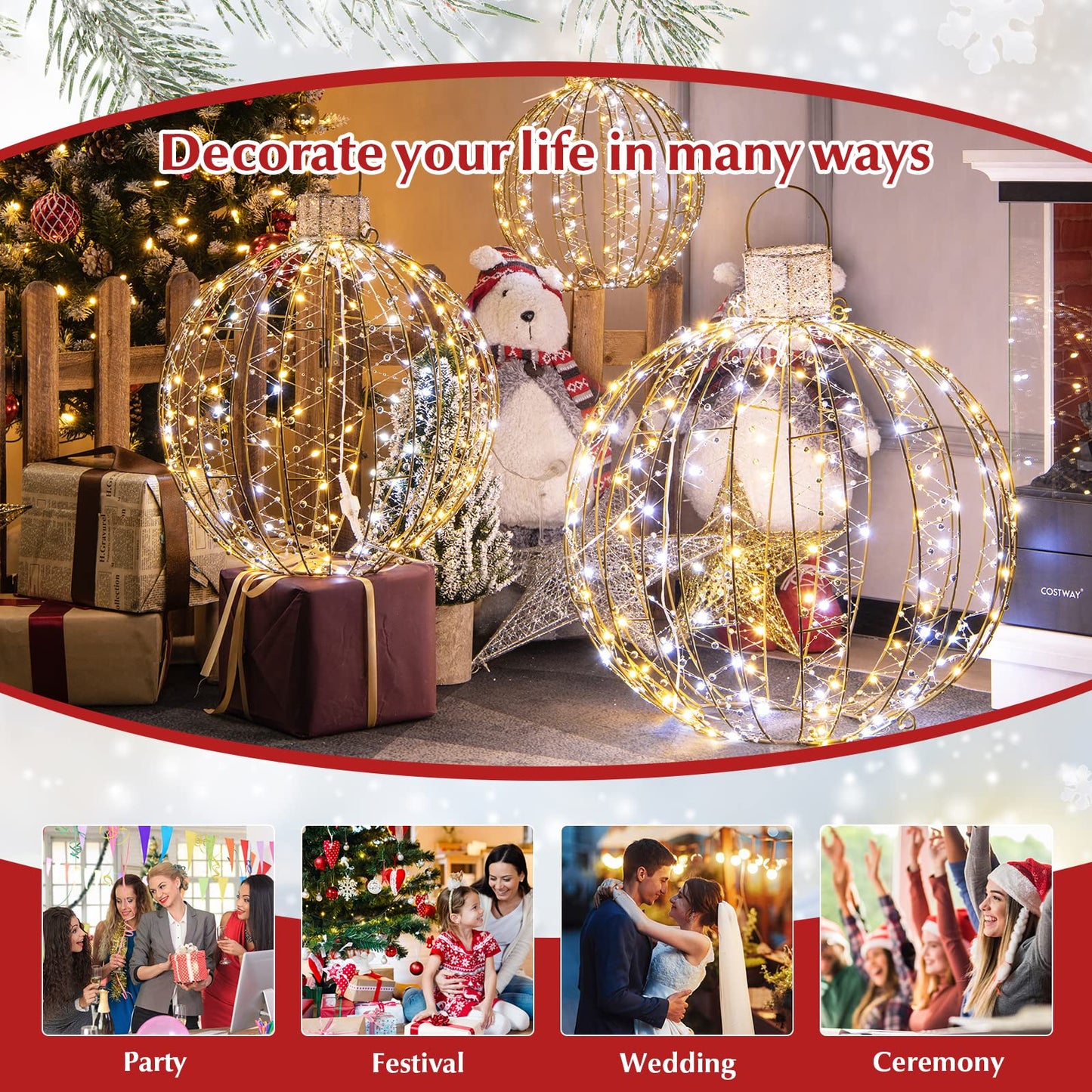 3 Pieces Christmas LED Ball Lights with 30 Cable Ties for Tree Lawn Garden