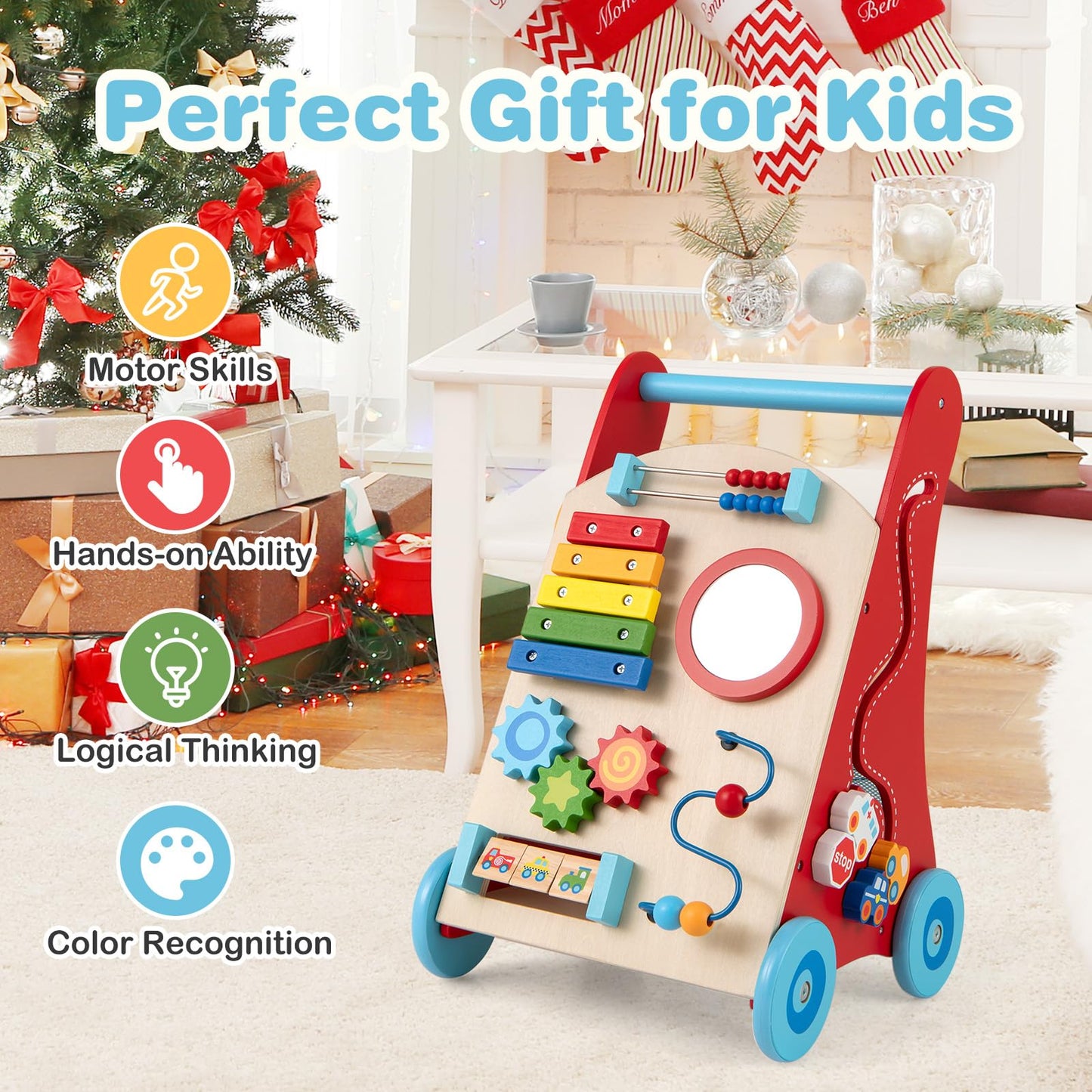 Wooden Baby Walker Learning Activity Walker with Mirror and Wheels