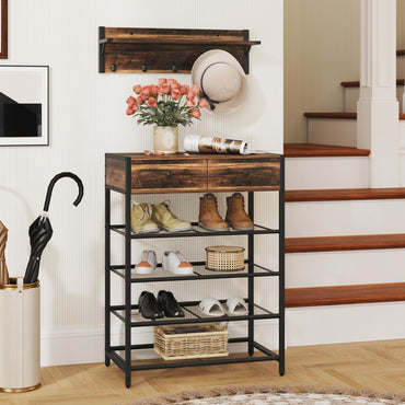 Coat Rack Shoe Stand Set with Wall-Mounted Coat Rack and Drawers