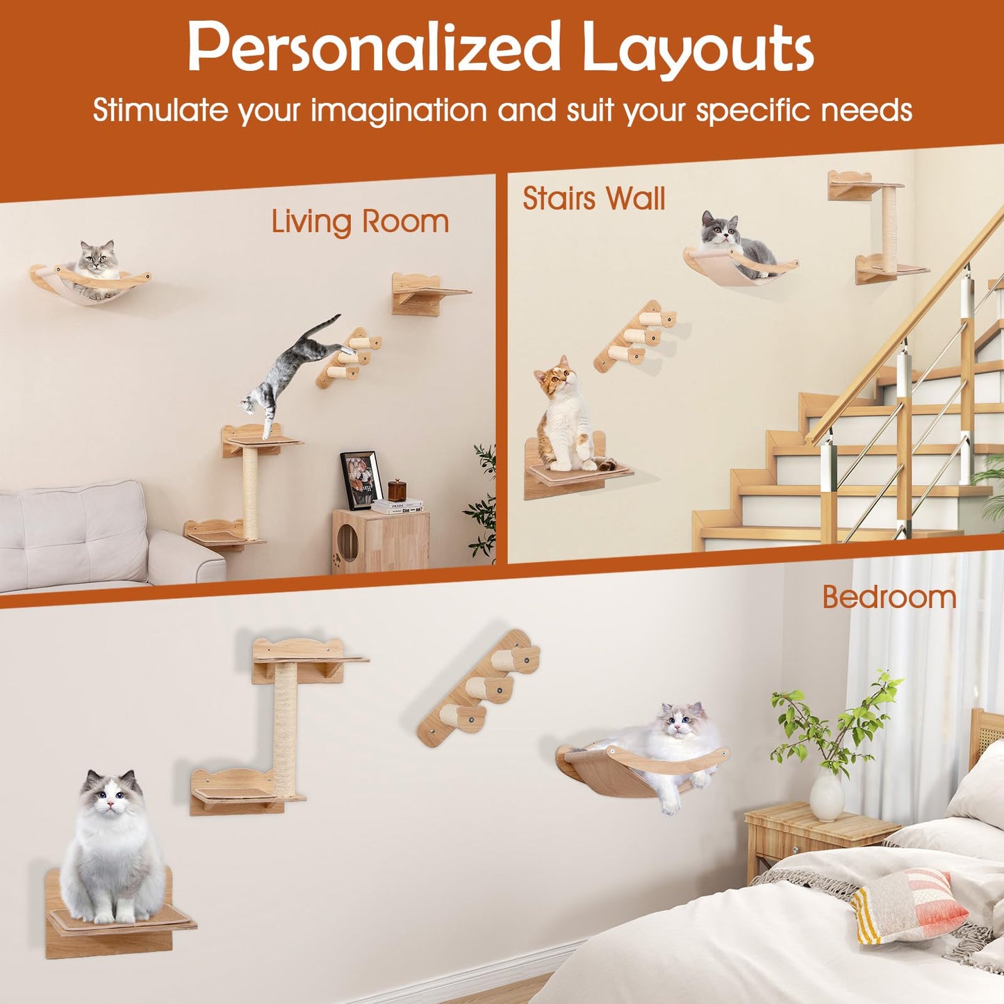 4pcs Wall Mounted Cat Tree with Hammock & Sisal Steps