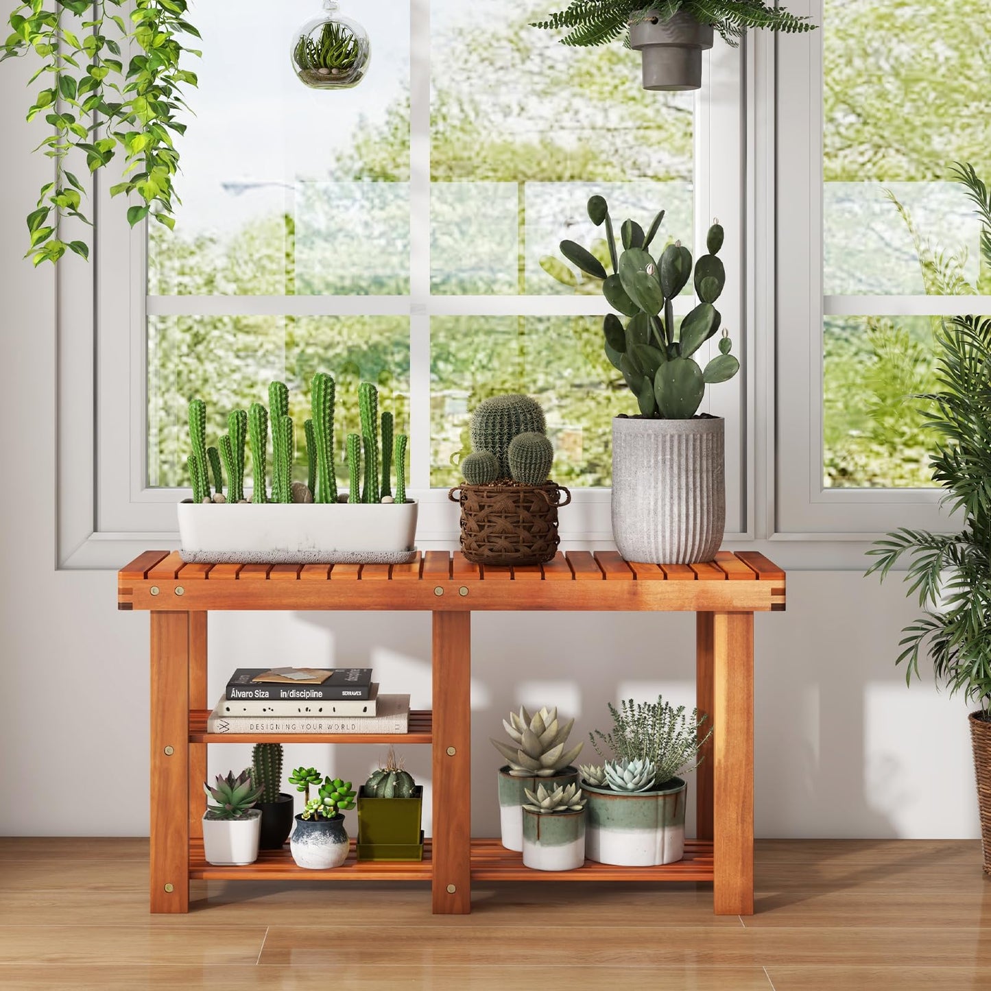3-Tier Acacia Wood Shoe Rack Bench with Storage Shelf