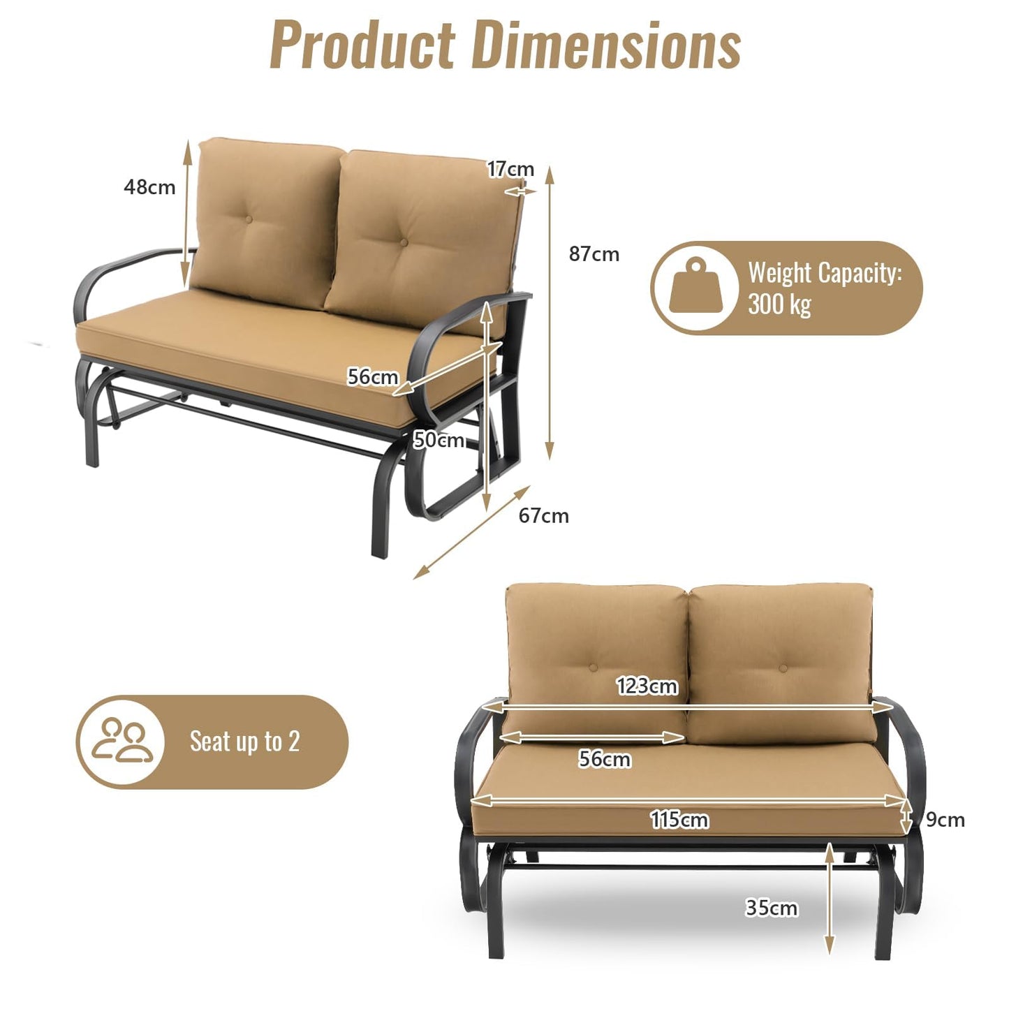2-Person Steel Frame Outdoor Glider Bench with Cushions