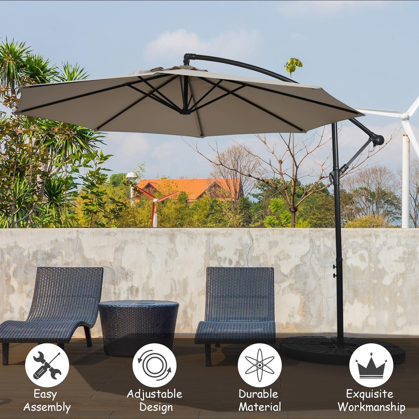 10 FT Patio Offset Umbrella with Cross Base and Crank for Garden Poolside and Yard