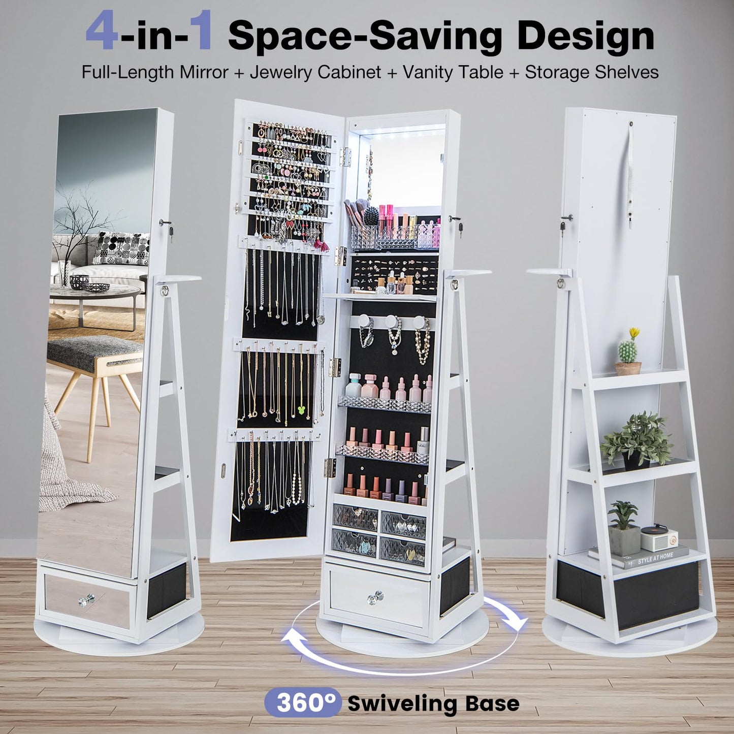 360° Swivel Lockable Jewelry Armoire Cabinet with Full-Length Mirror