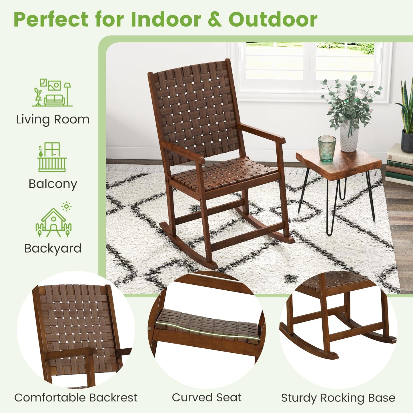 Wood Rocking Chair with PU Seat and Rubber Wood Frame for Porch Backyard Balcony