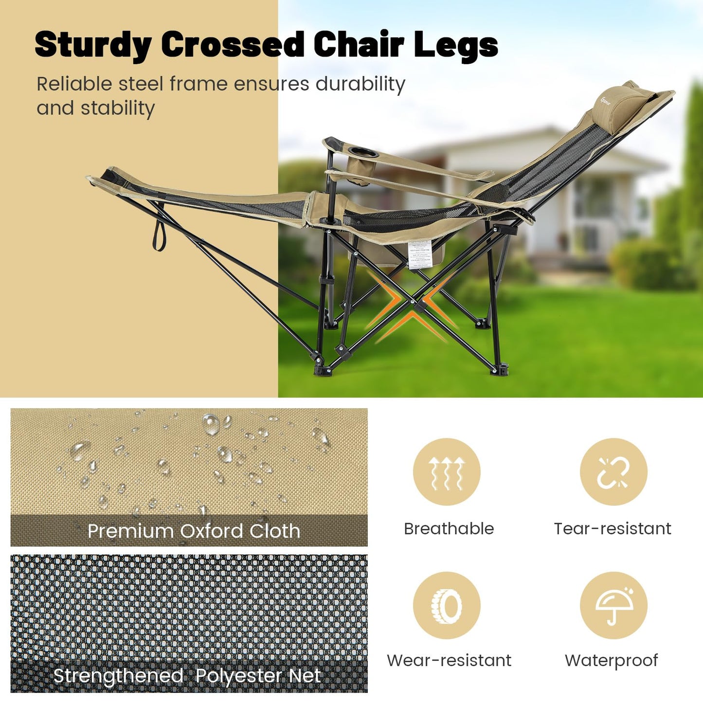 2 in 1 Portable Reclining Camp Chair with Detachable Footrest