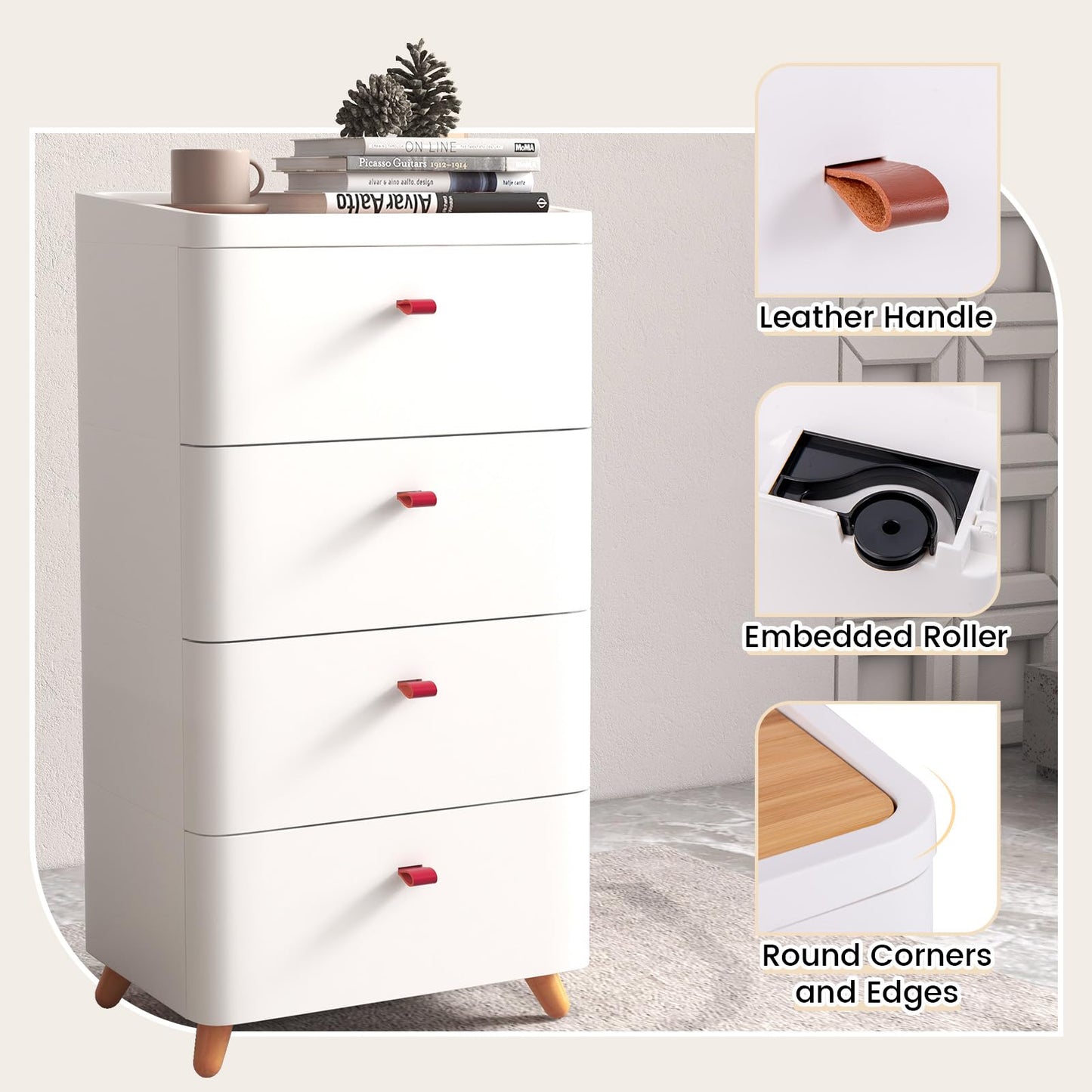 4-Drawer Dresser with Removable Organizer Tray and Solid Wood Legs