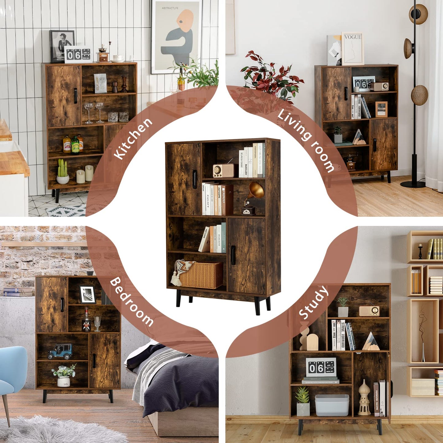 Freestanding Wooden Sideboard Storage Cabinet with 2 Doors and 4 Shelves