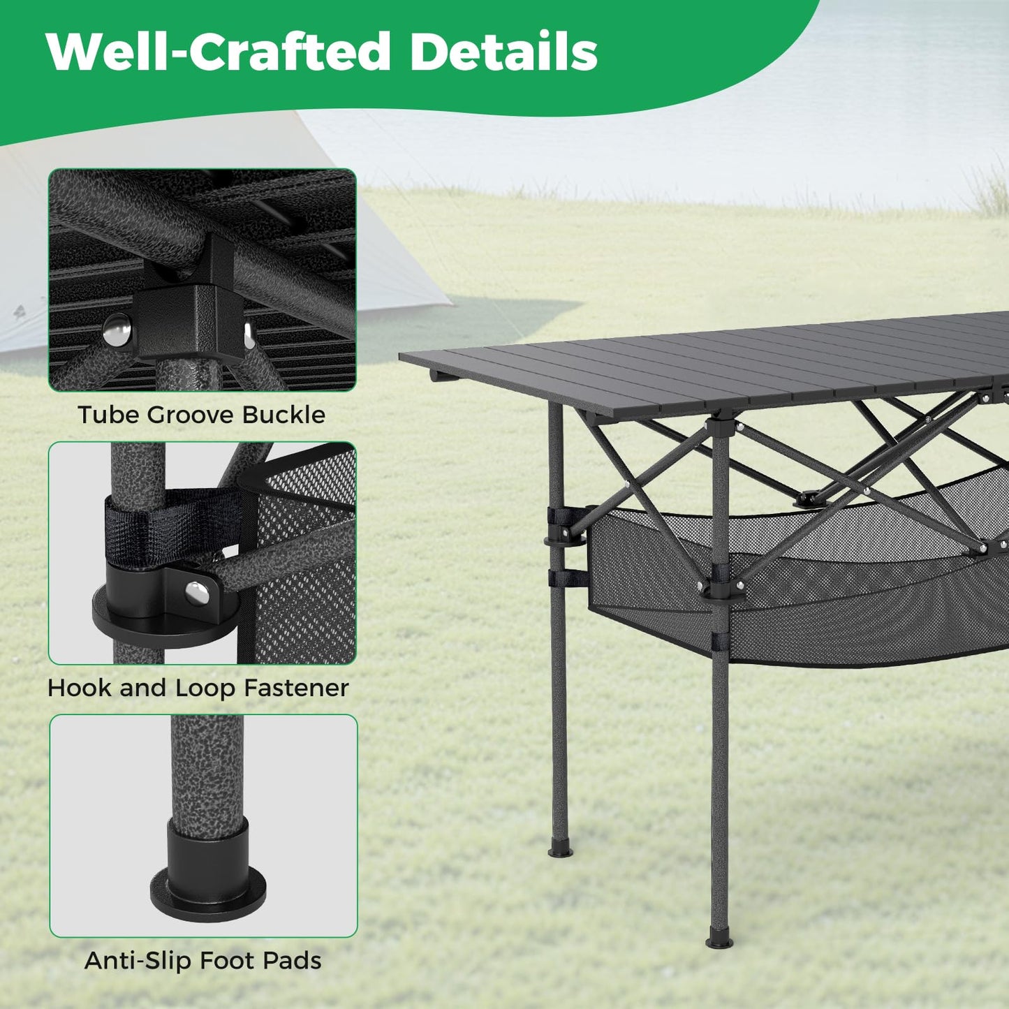 Patio Folding Camping Table Picnic Table with Aluminum Roll-up Tabletop
