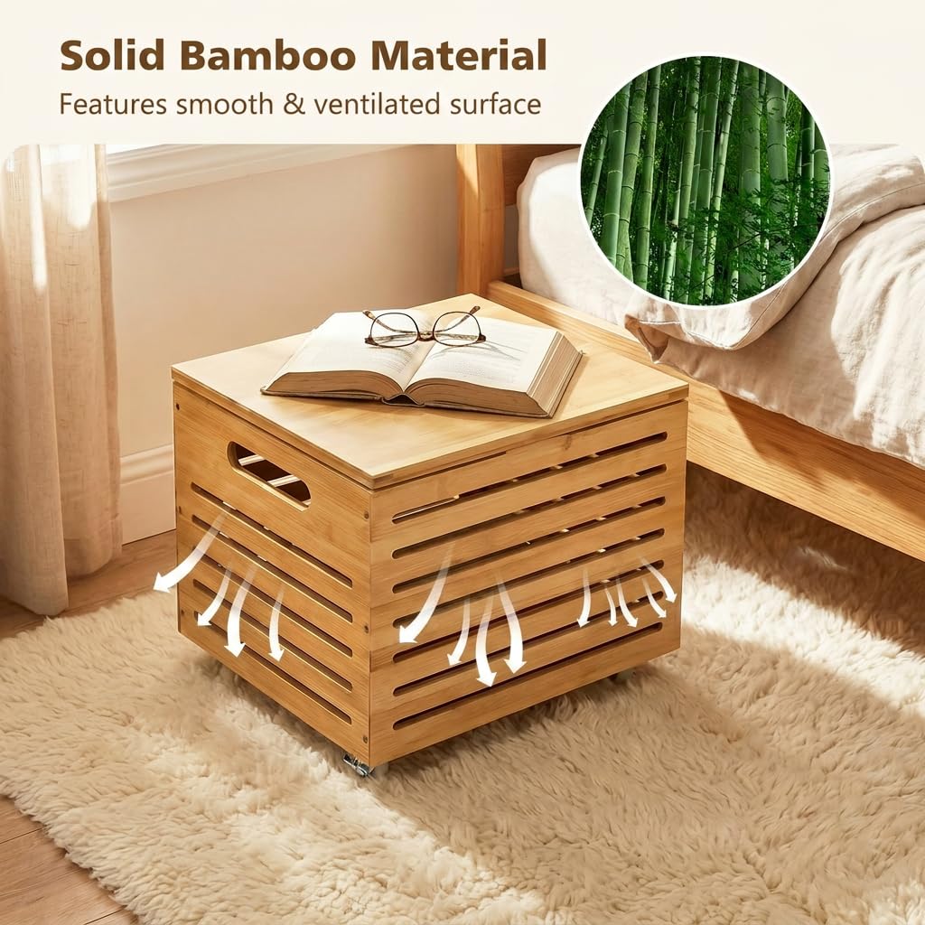 Bamboo Rolling Storage Box with 4 Wheels and Lid for Home