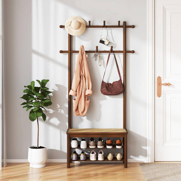 Bamboo Coat Rack PE Rattan Hall Tree with Bench and Shoe Storage