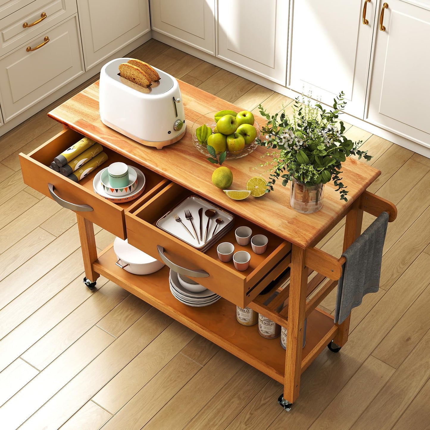 Kitchen Island with Storage 3-Tier Rolling Utility Cart with Wood Countertop
