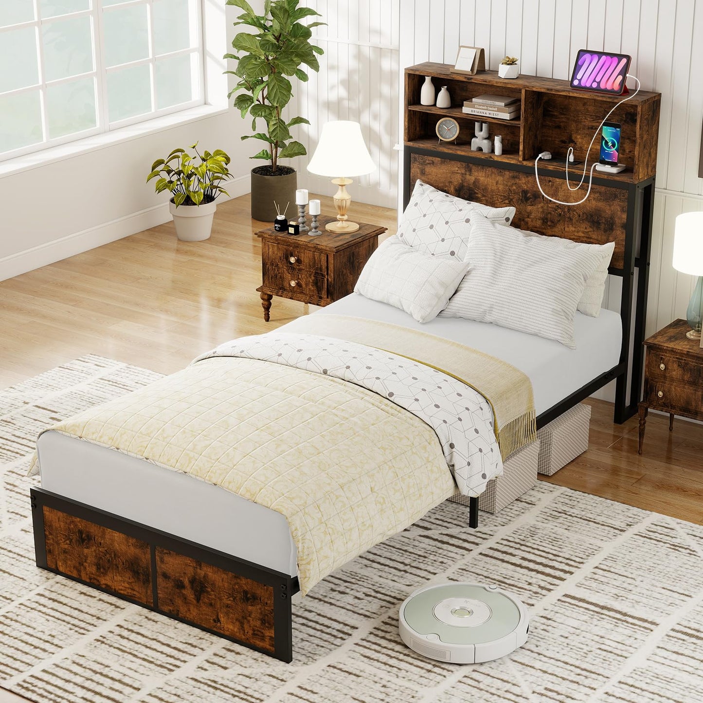 Bed Frame with Charging Station and Storage Headboard