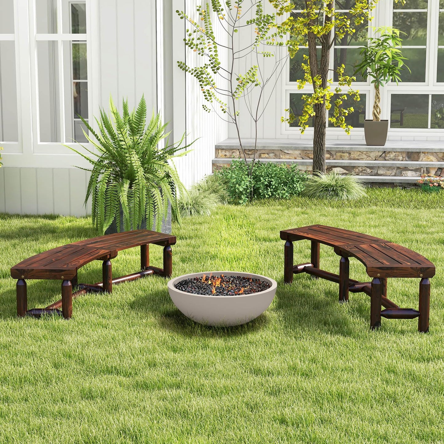 All-Weather Curved Shape Carbonized Wood Patio Loveseat with Slatted Seat