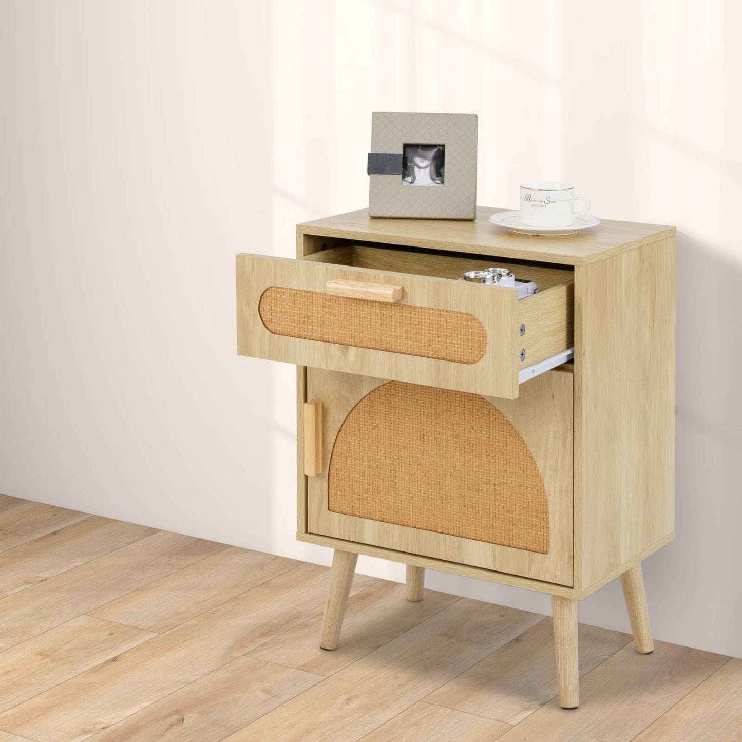 Rattan Nightstand Boho Bedside Table with Rattan-decorated Door