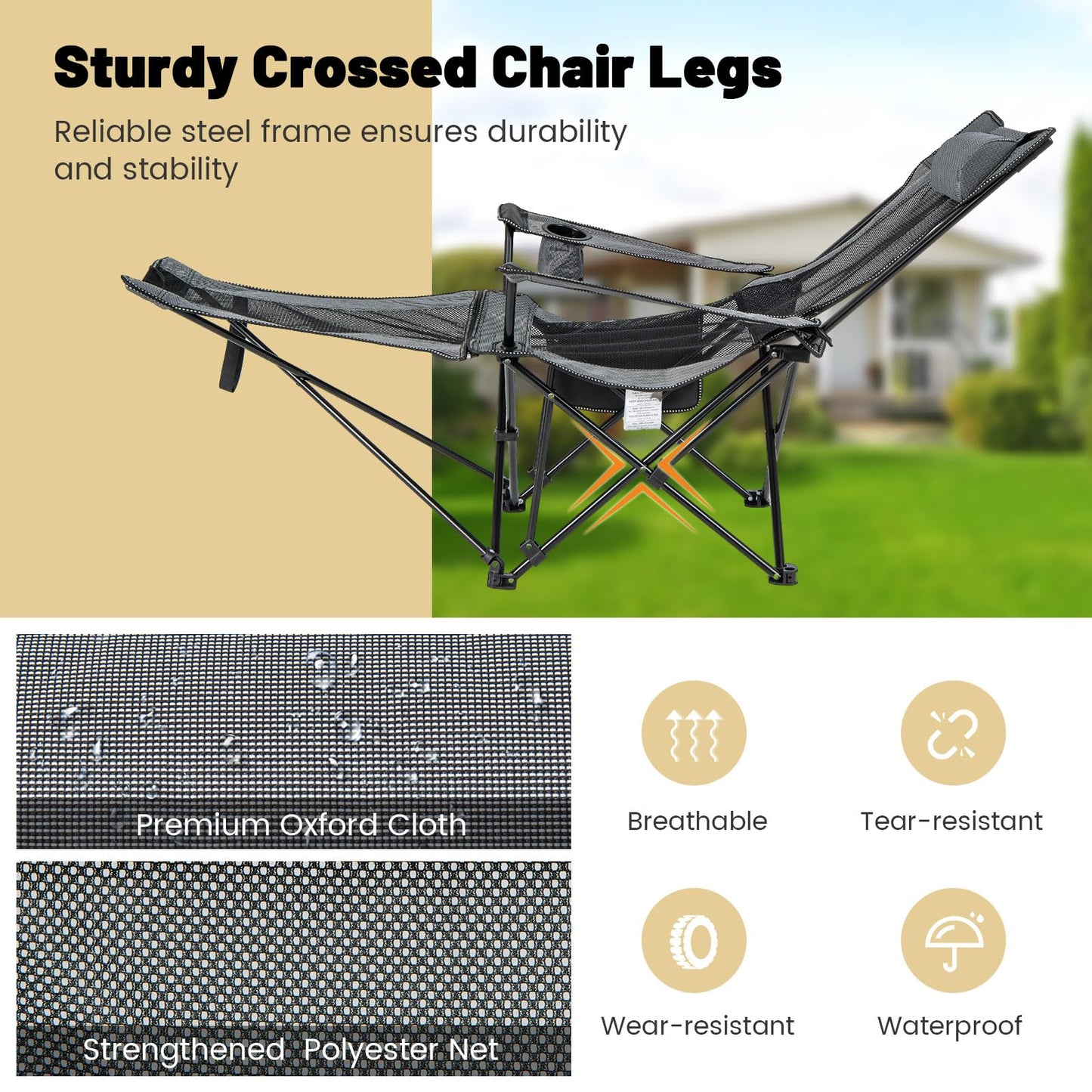 2 in 1 Portable Reclining Camp Chair with Detachable Footrest
