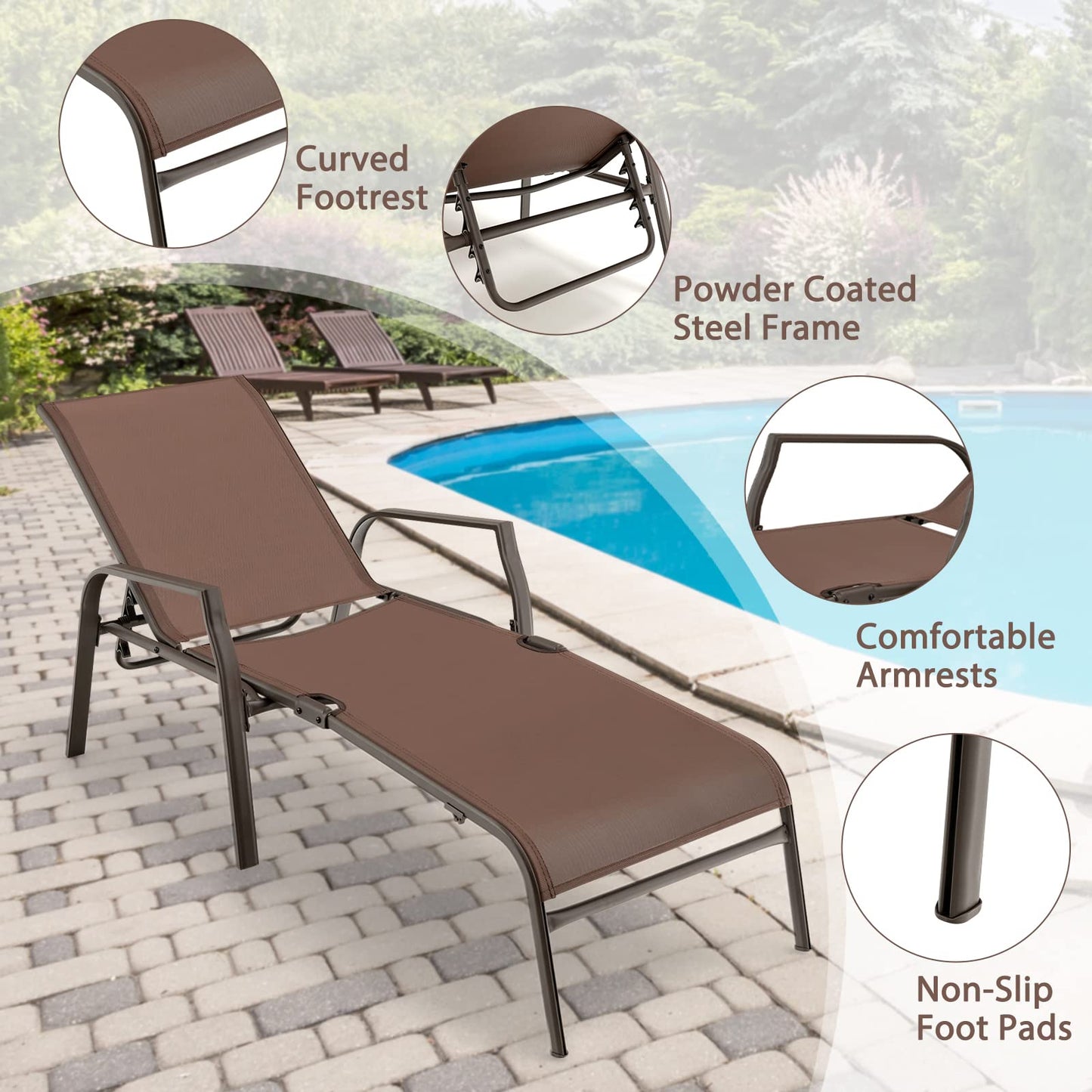 5 Positions Adjustable Stackable Folding Deck Reclining Chair Set of 2