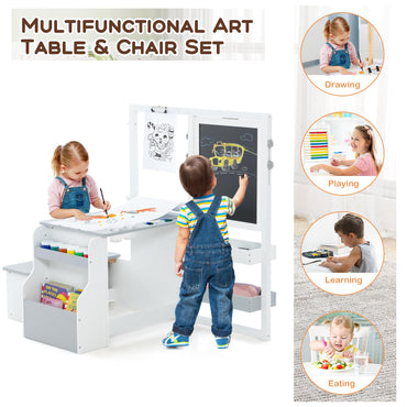Kids Art Easel Table and Bench Set with Adjustable Easel and Bookshelf