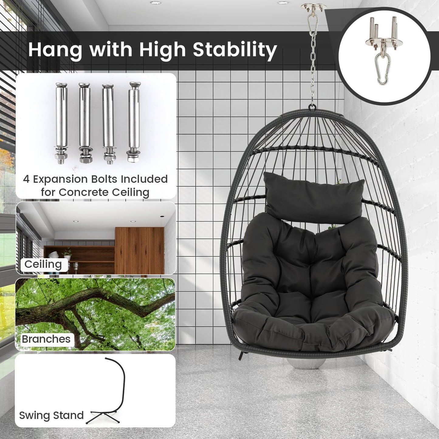 Foldable Rattan Hanging Chair with Soft Cushion and Head Pillow