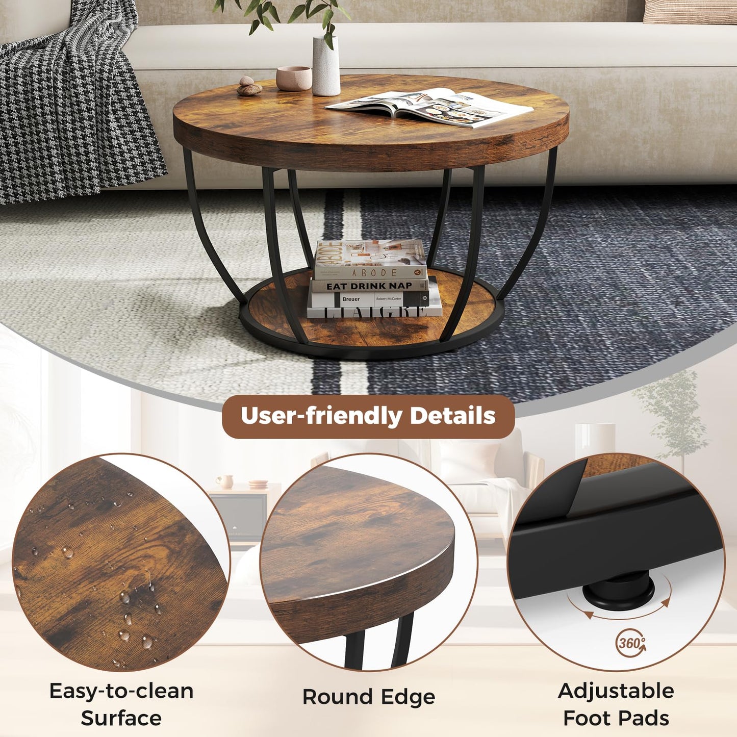 2-Tier Metal Frame Industrial Accent Cocktail Center Unit Sofa Side Tea Table