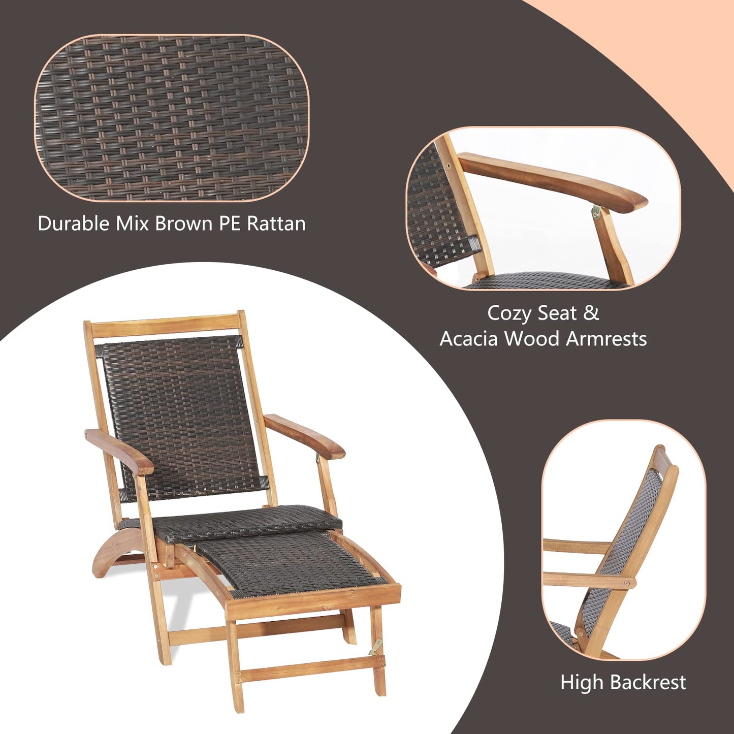 Folding Sun Lounger with Retractable Footrest & Wicker Side Table