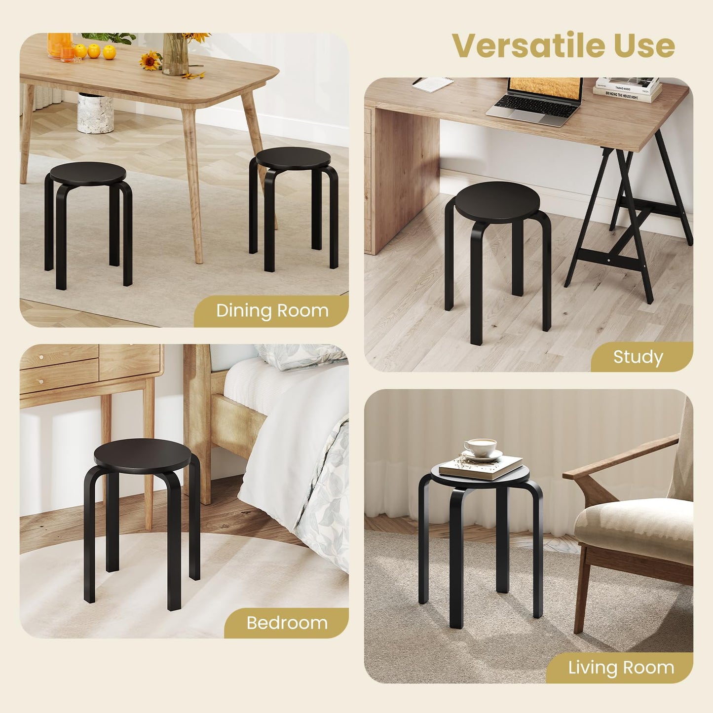 Set of 4 Stacking Wooden Stools, Upholstered Round Bar Stool with Non-Slip Foot Mat, Breakfast Dining Chair for Home Kitchen Office