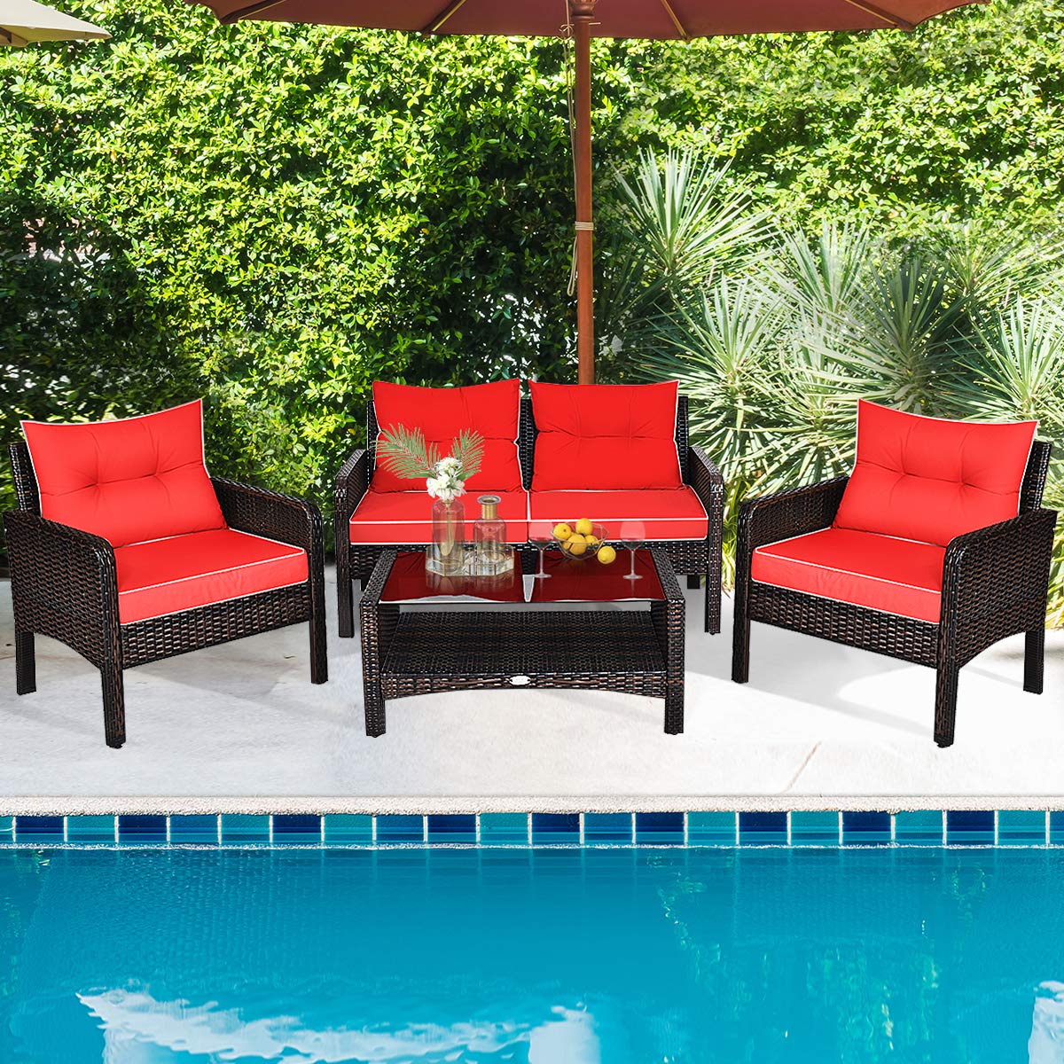 4-Piece Garden Rattan Conversation Furniture Set with Tempered Glass Table