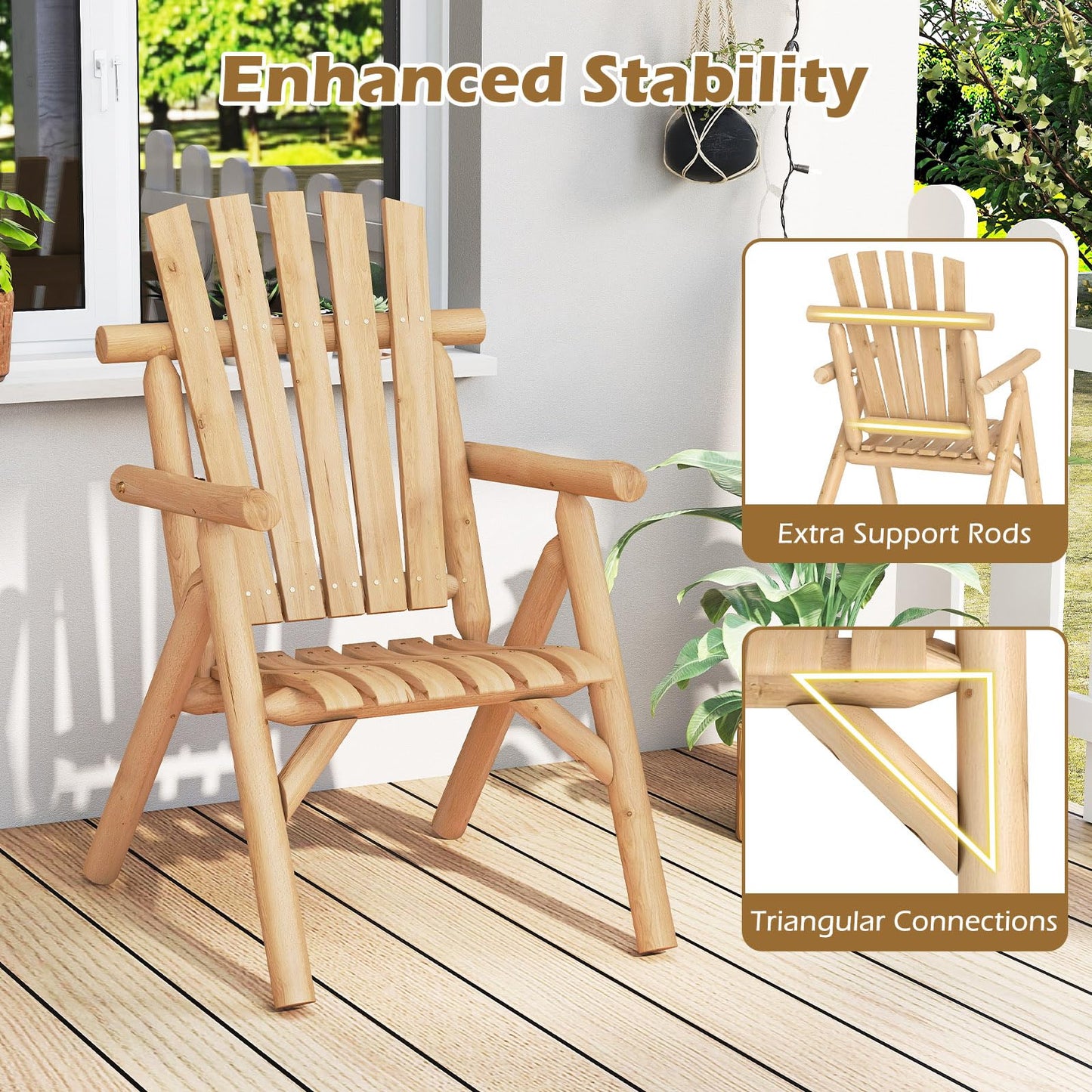 1-Person Garden Chair, Log Wood Fire Pit Lounge Chair with Slatted Backrest