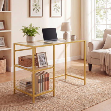 Tempered Glass Computer Desk Modern Office Desk with Open Storage Shelves