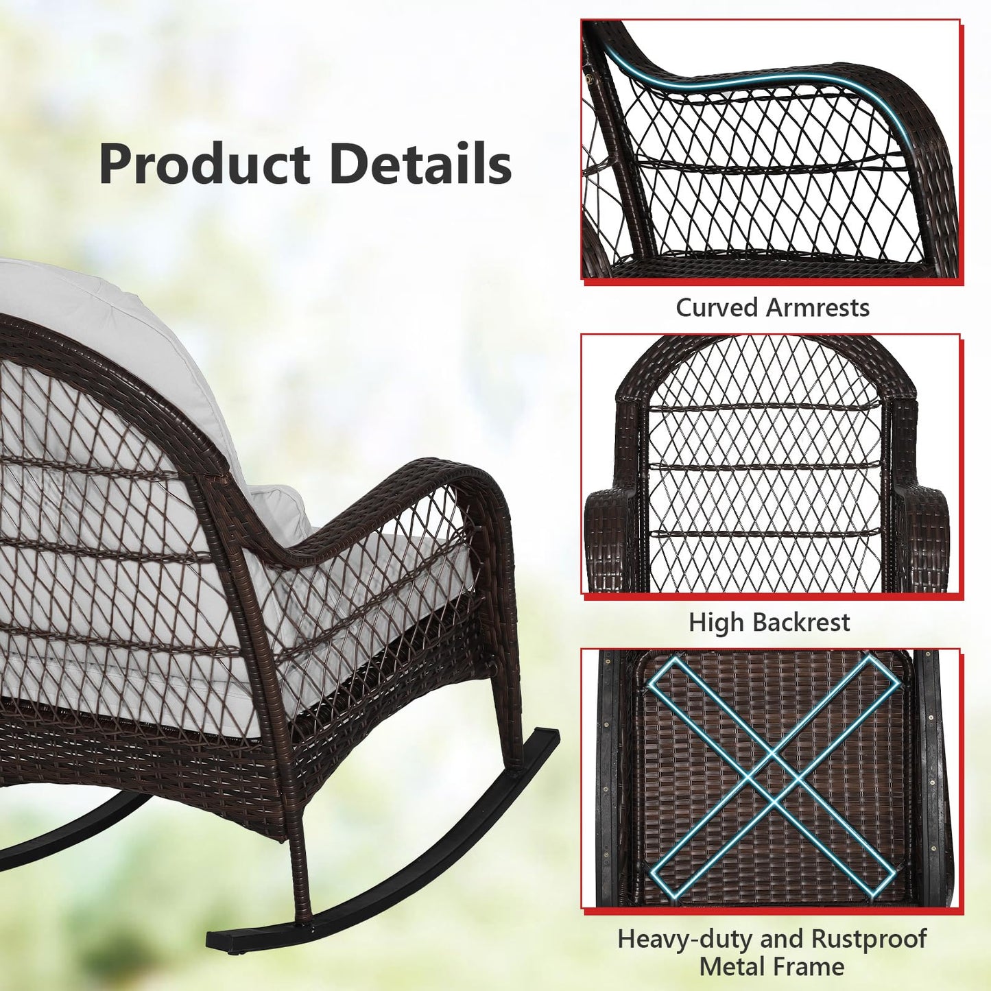 Wicker Rocking Armchair Relax Rocker Lounge Chair with Lumbar Pillow & Cushion