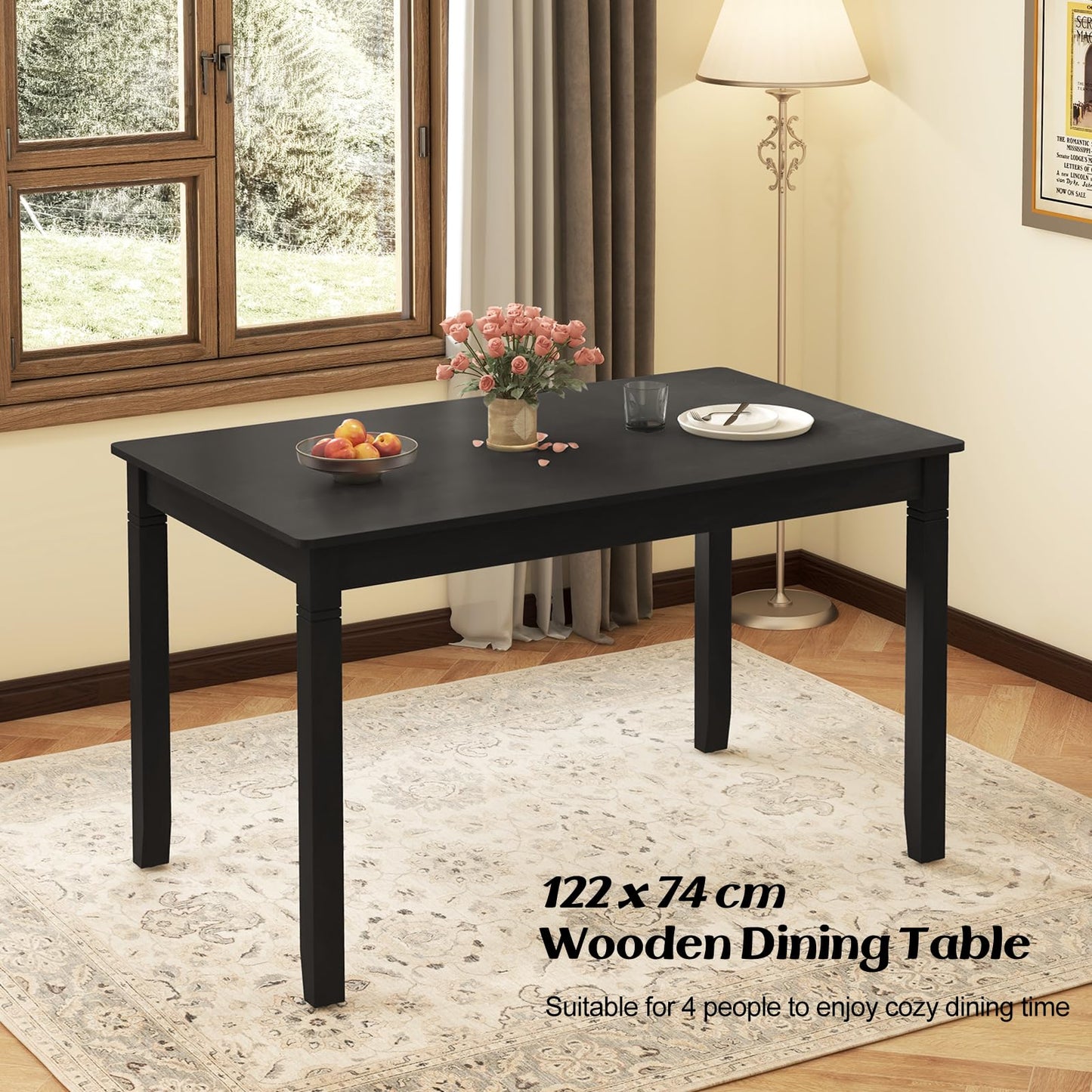 Wooden Rectangular Dining Table with Rubber Wood Legs for 4 People