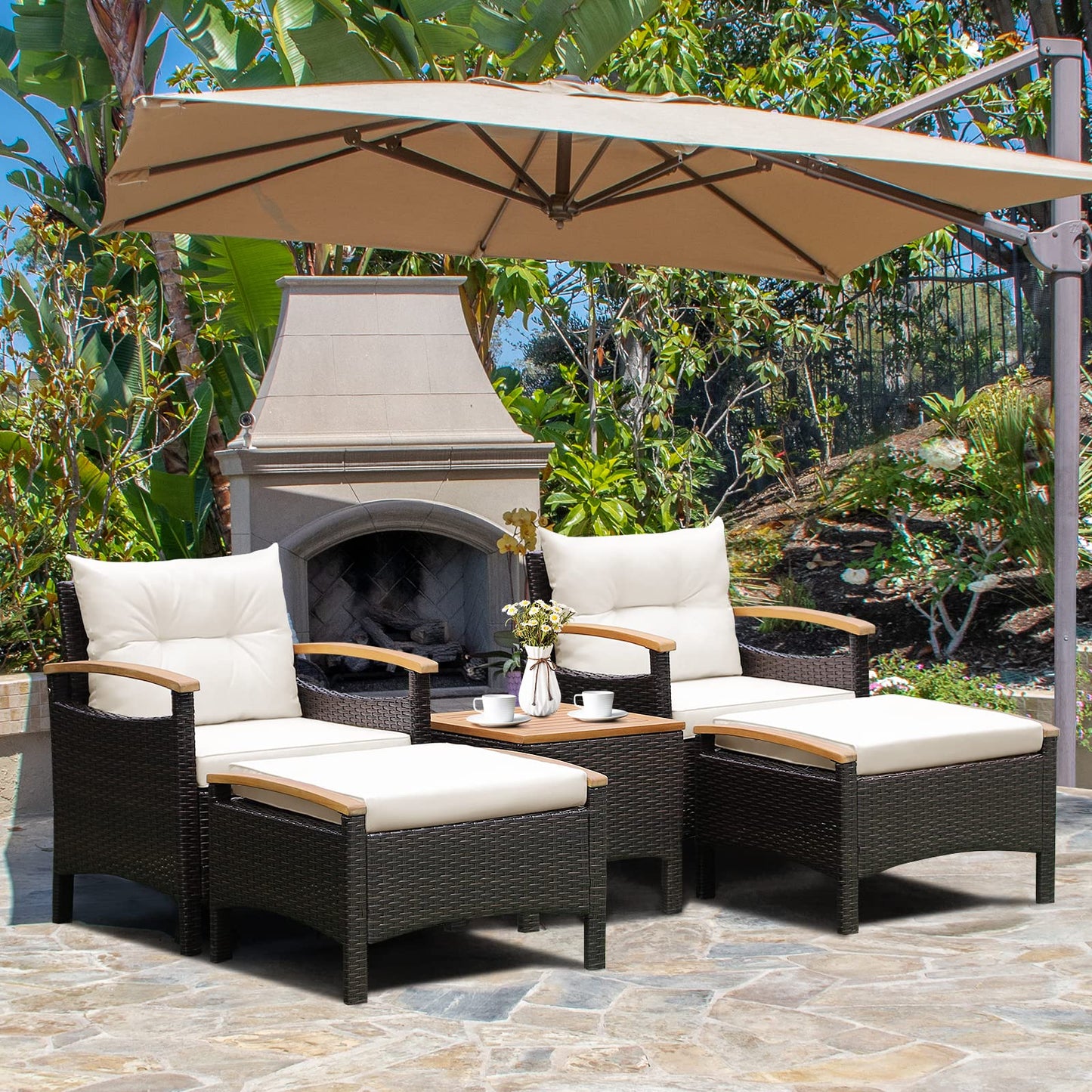 5-Piece Outdoor Acacia Wood Wicker Conservatory Set
