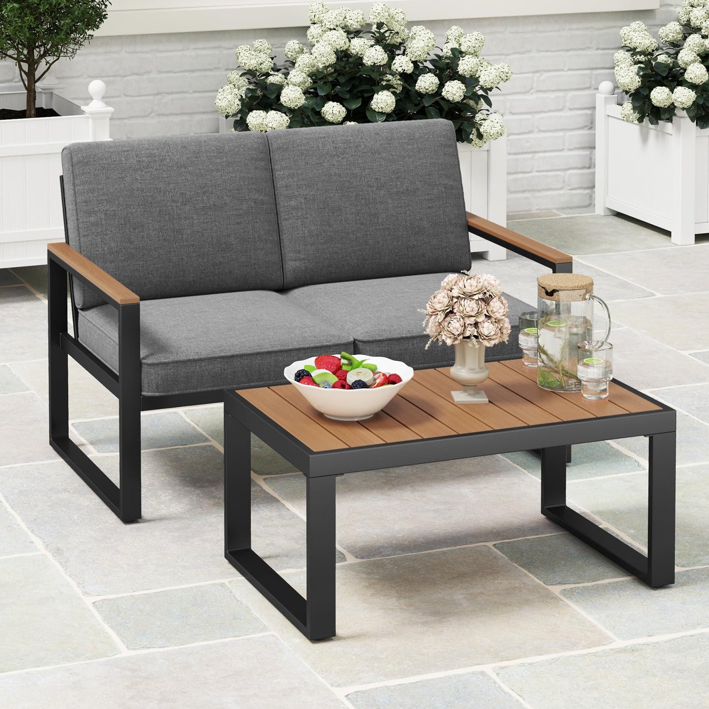 2-Seater Patio Aluminum Furniture Set with Coffee Table and Cushions