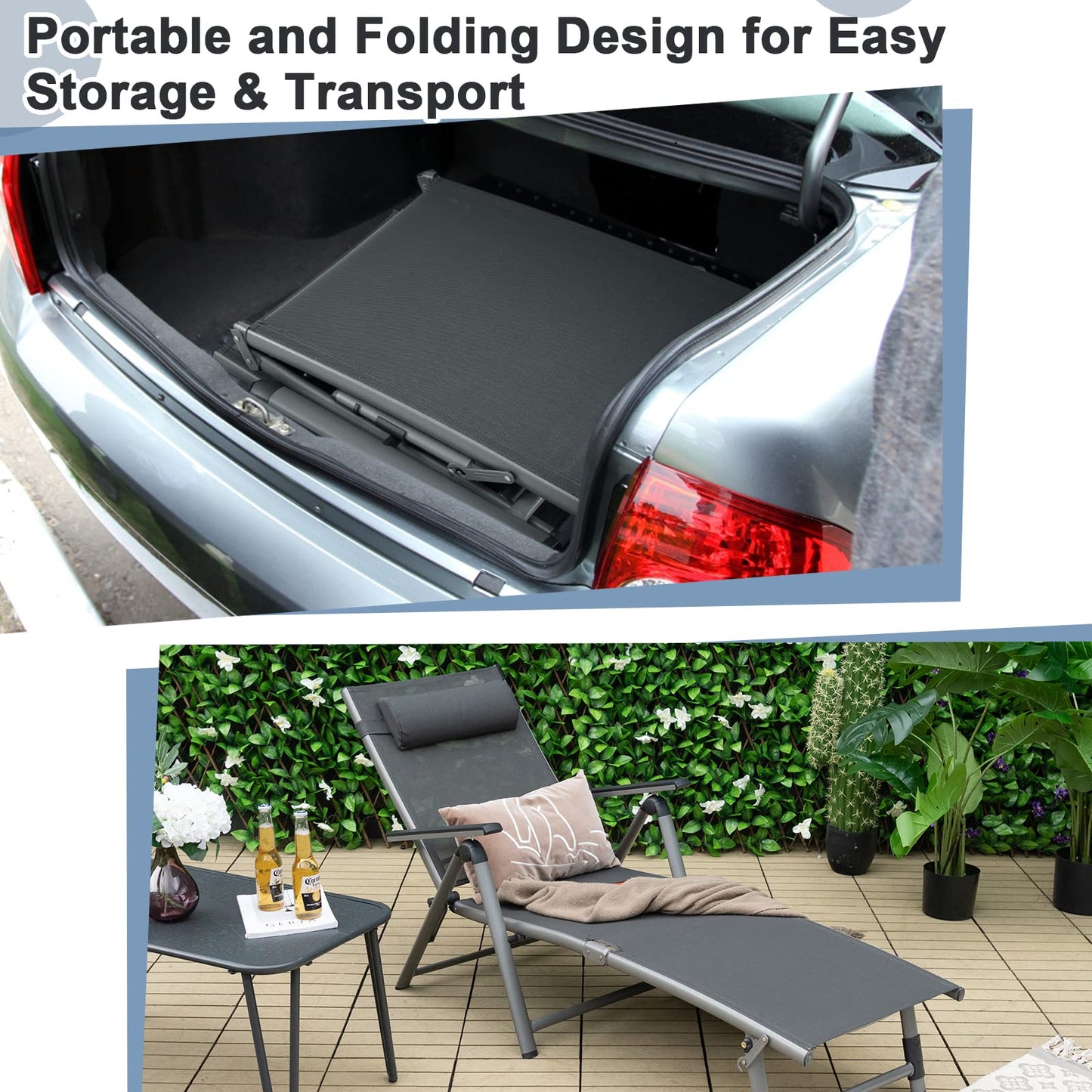 8 Positions Adjustable Garden Chaise Lounge Sunbed with 2-Level Foldable Legs and Pillow