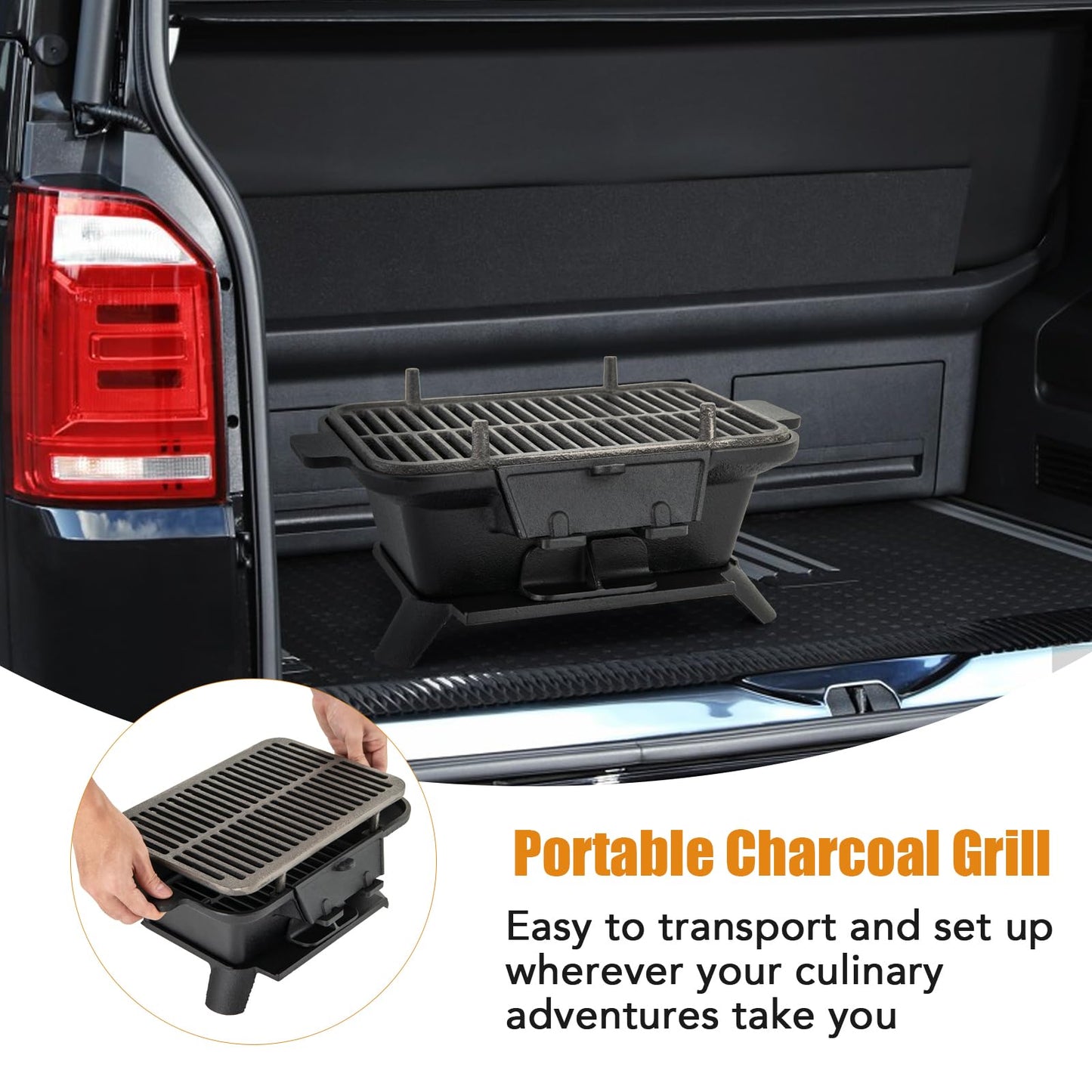 Cast Iron Charcoal Grill, Tabletop Barbecue Grill with Double-Sided Grilling Net