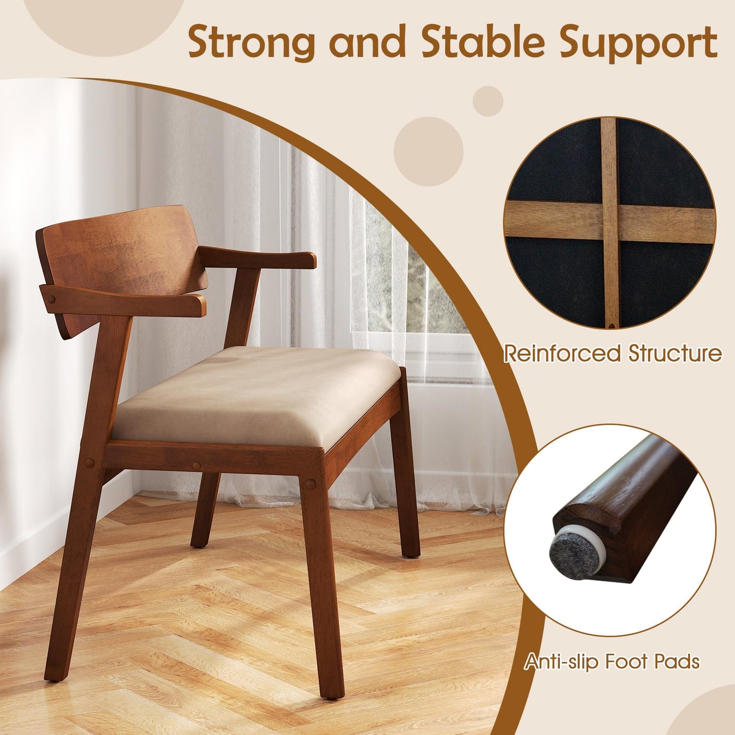 2 Seat Rubber Wood Bench with Padded Seat and Ergonomic Backrest