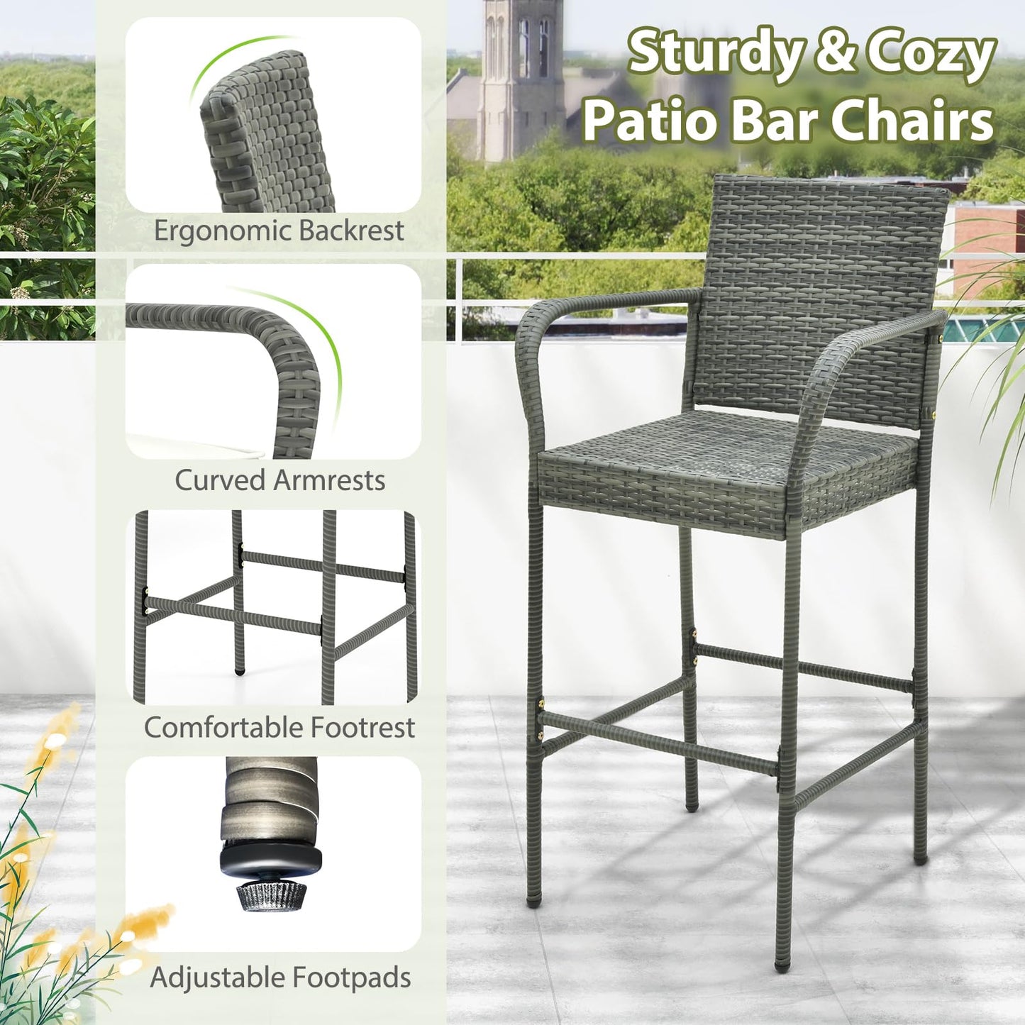 All Weather Outdoor Wicker Bar Stools Set with Soft Seat Cushions