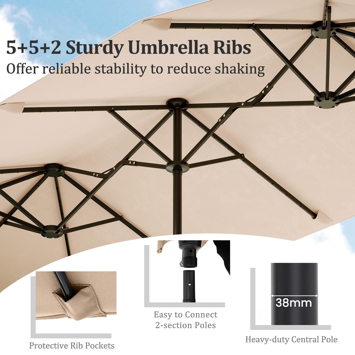 12 Heavy Duty Ribs Extra Large Sun Umbrella with 108 LED Solar Lights and Crank Handle
