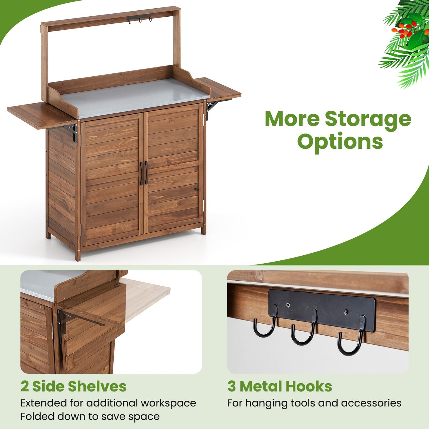 Garden Potting Table, Wooden Potting Bench with Metal-Plated Tabletop