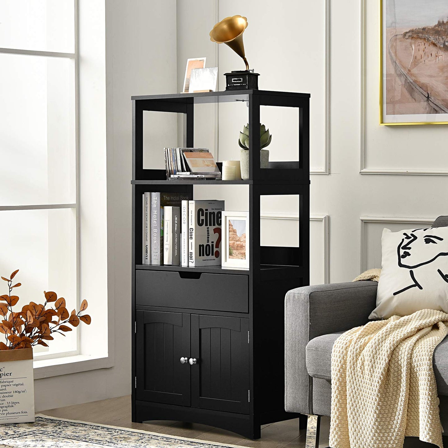 Wooden Freestanding Tall Cupboard with Open Shelves