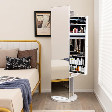 Swivel Jewelry Cabinet with Full-Length Mirror Cosmetics Storage