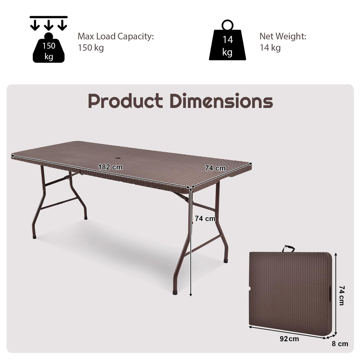 182cm Outdoor Folding Camping Table with Carrying Handles