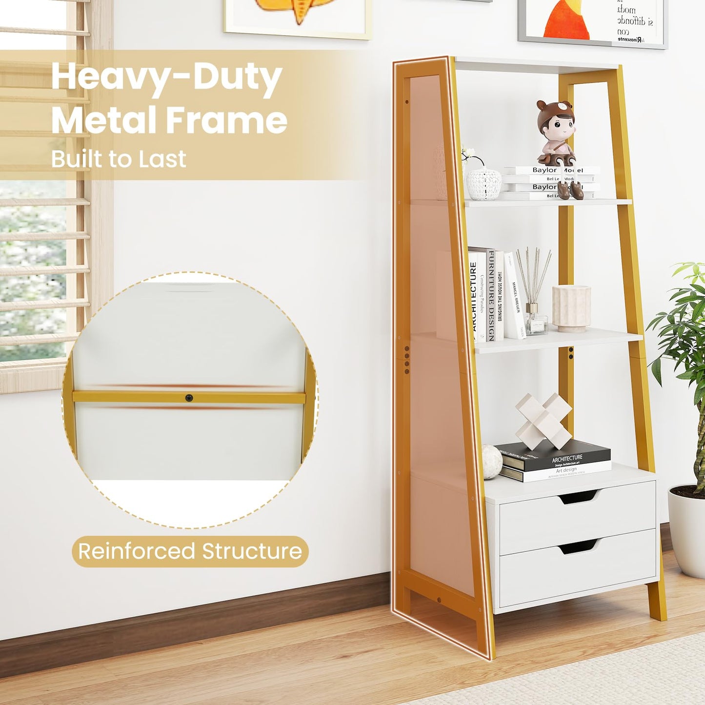 Ladder Bookshelf with Storage with 4 Open Shelves and 2 Drawers