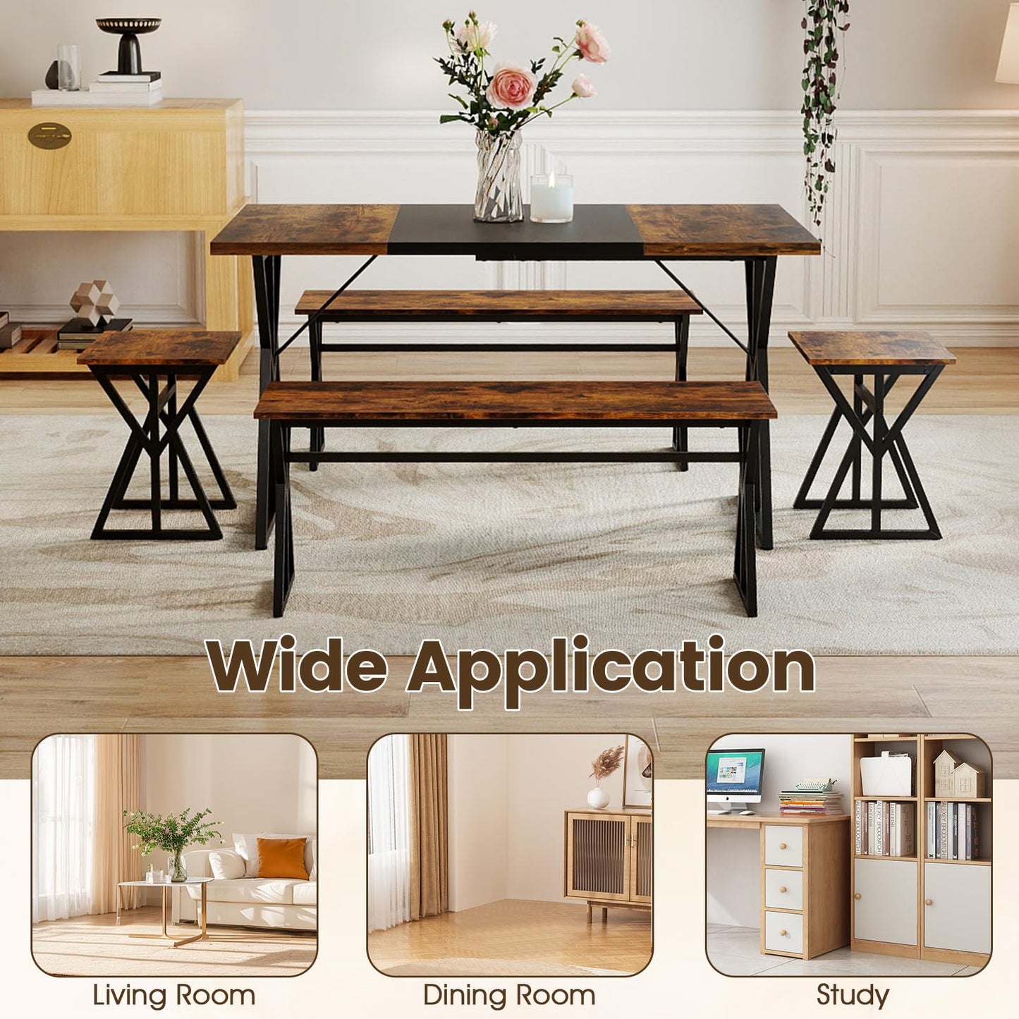 Dining Table and Stool Set with Bench for 4-6, 138cm Industrial Kitchen Table