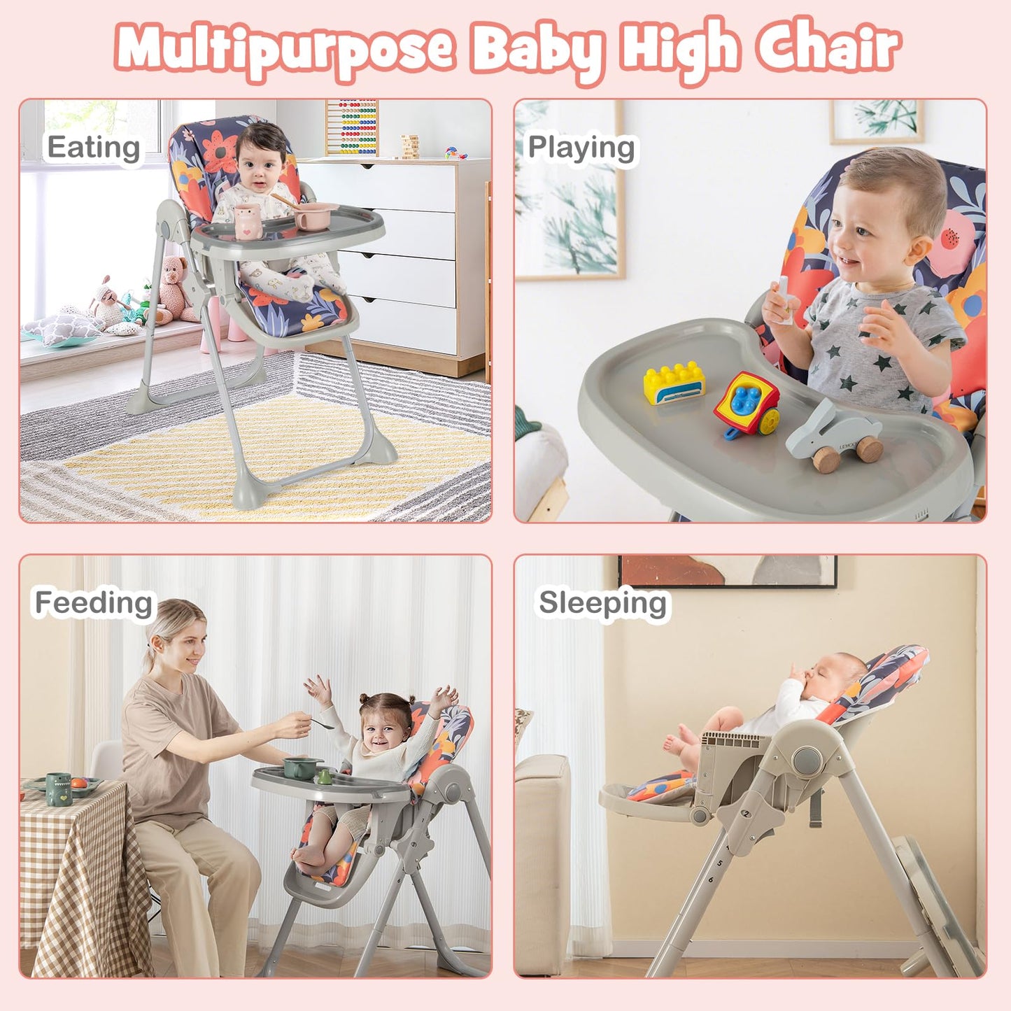 Height Adjustable Feeding High Chairs with Removable Tray