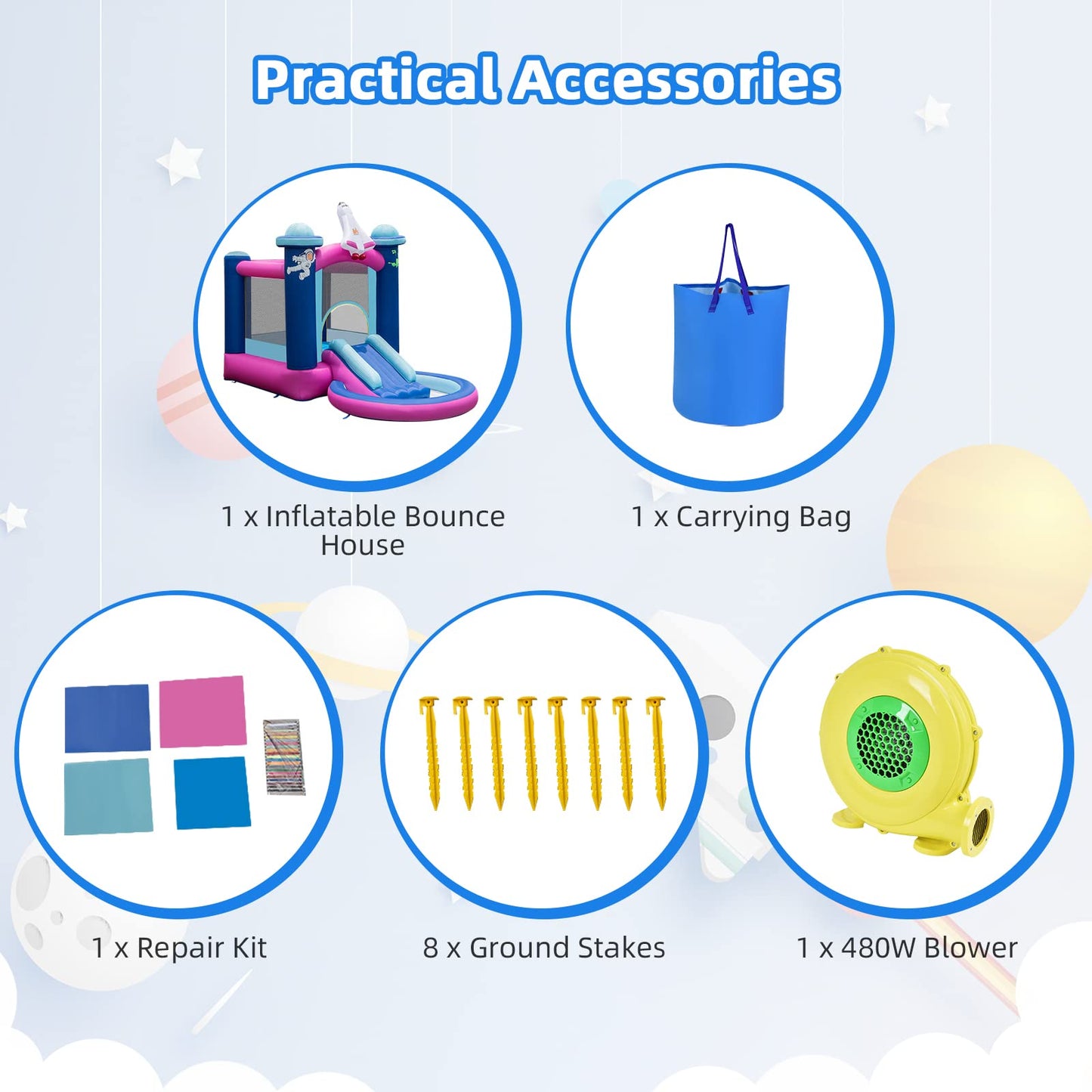 Kids Bouncy Castle with 480W Blower Splash Pool and Carrying Bag