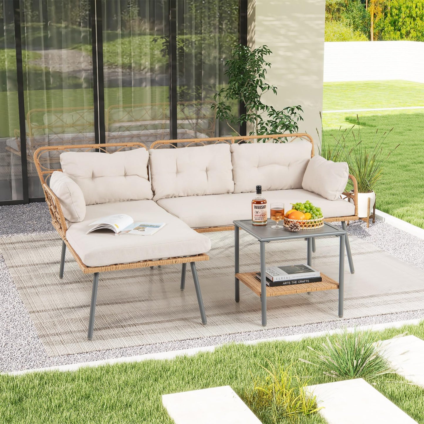 L Shaped Patio Conversation Set with Cushions & Coffee Table