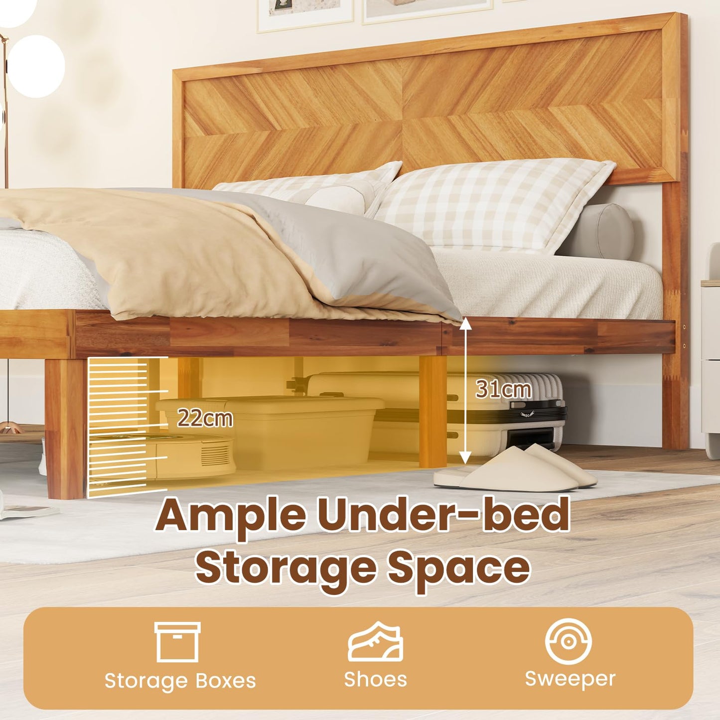Mid-Century Acacia Wood Bed Frame with Headboard