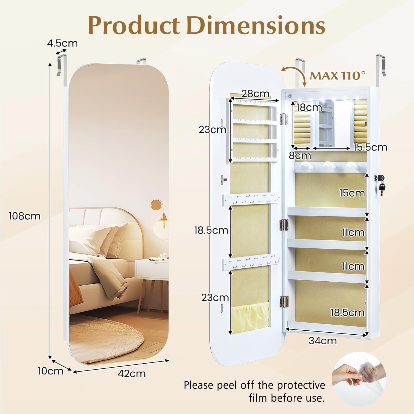 Lockable Jewelry Cabinet with Full-Length Mirror and Storage Shelves