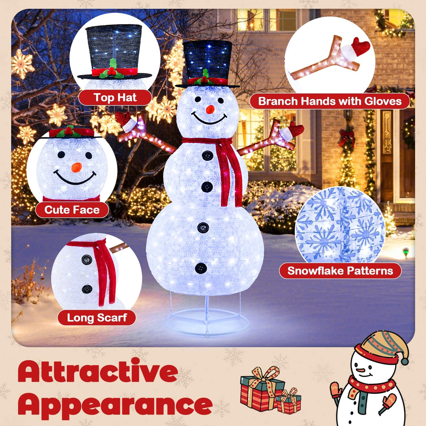 1.8 m Pop-up Christmas Snowman with 200 Cold White LED Lights and Zip Ties